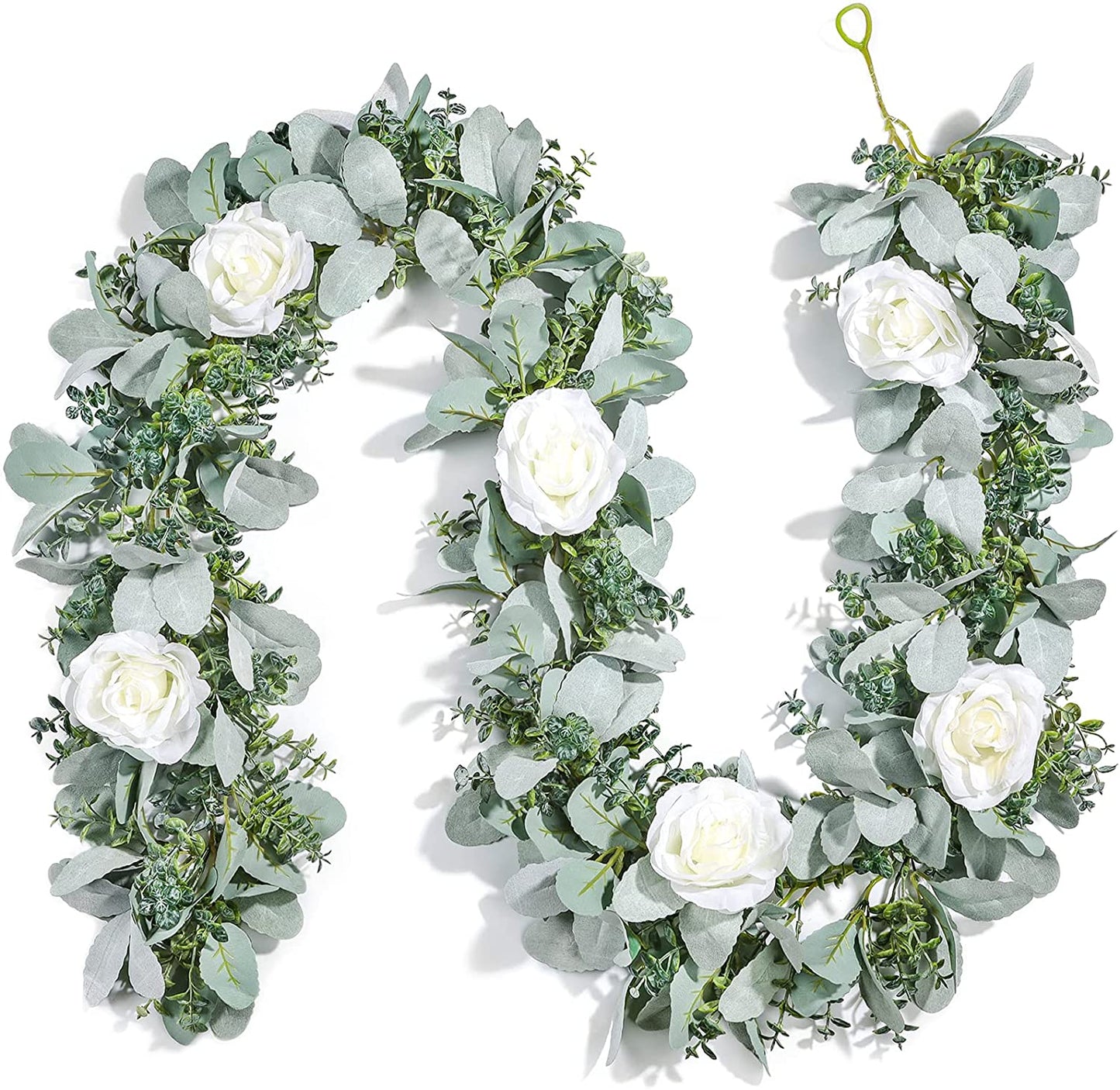 6 Ft Eucalyptus Garland with Flowers, Lambs Ear Greenery White Roses Flower Garland Fake Vines for Wedding Boho Table Mantle Backdrop Party Farmhouse Home Decor