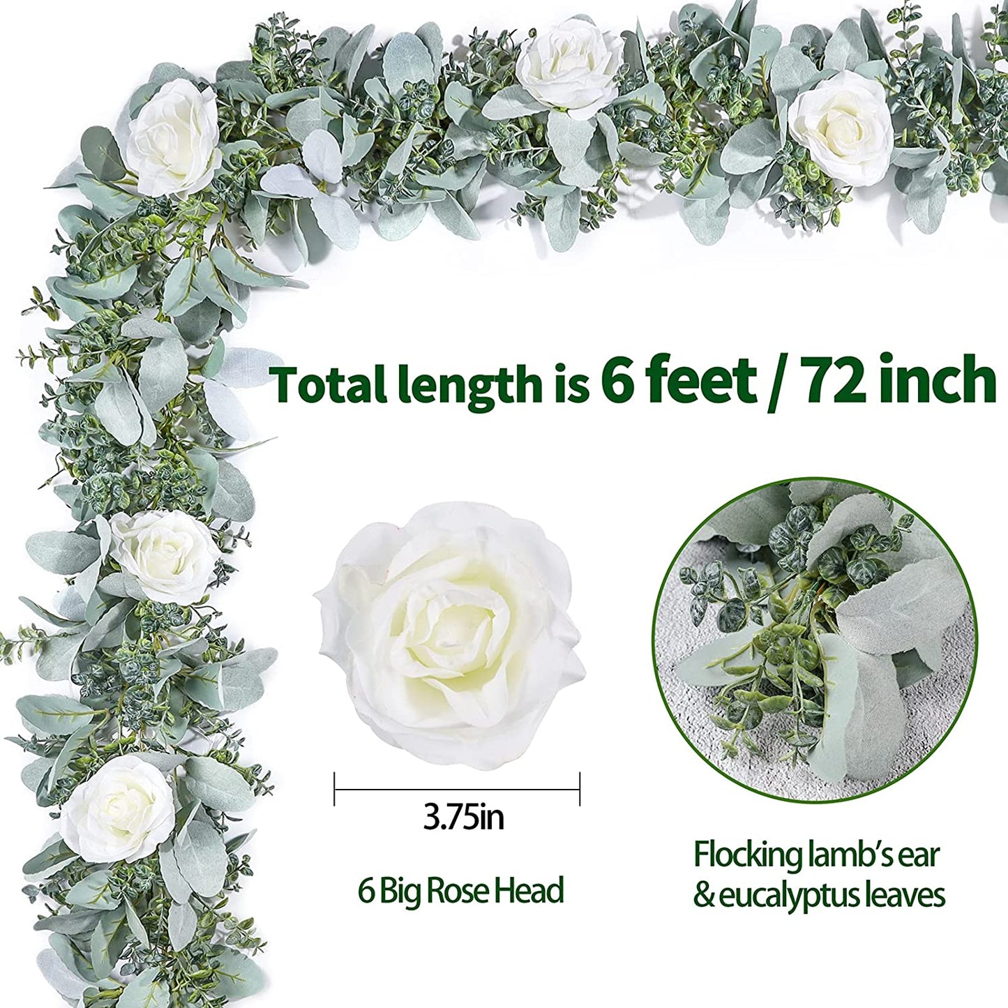 6 Ft Eucalyptus Garland with Flowers, Lambs Ear Greenery White Roses Flower Garland Fake Vines for Wedding Boho Table Mantle Backdrop Party Farmhouse Home Decor