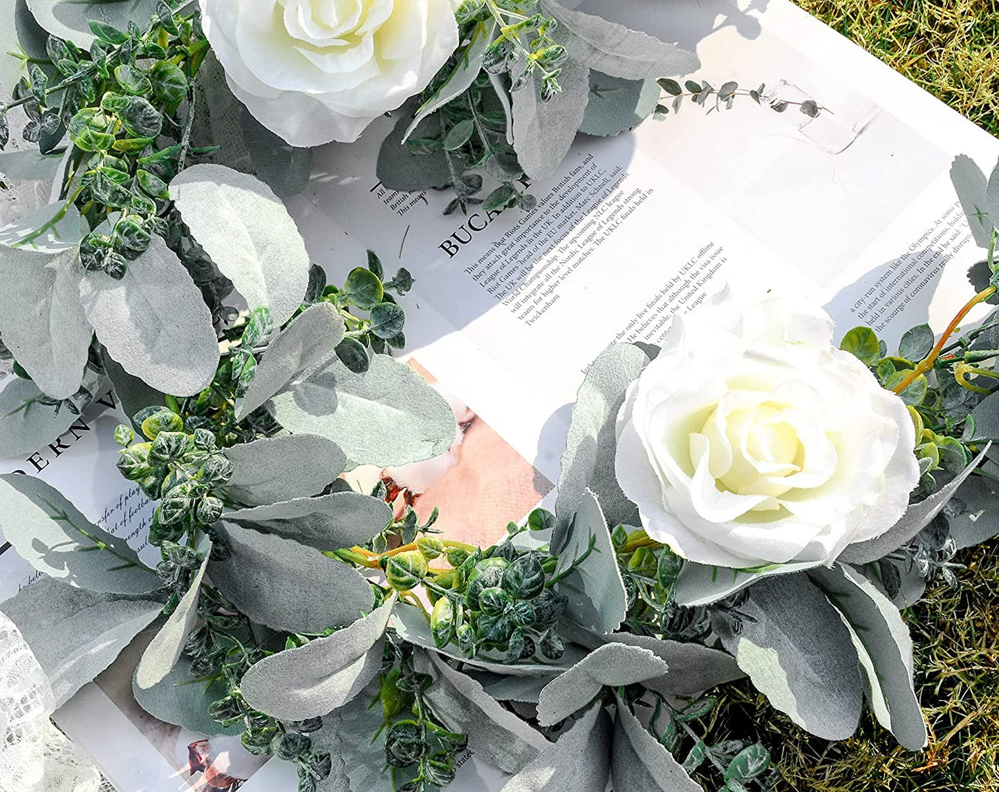 6 Ft Eucalyptus Garland with Flowers, Lambs Ear Greenery White Roses Flower Garland Fake Vines for Wedding Boho Table Mantle Backdrop Party Farmhouse Home Decor