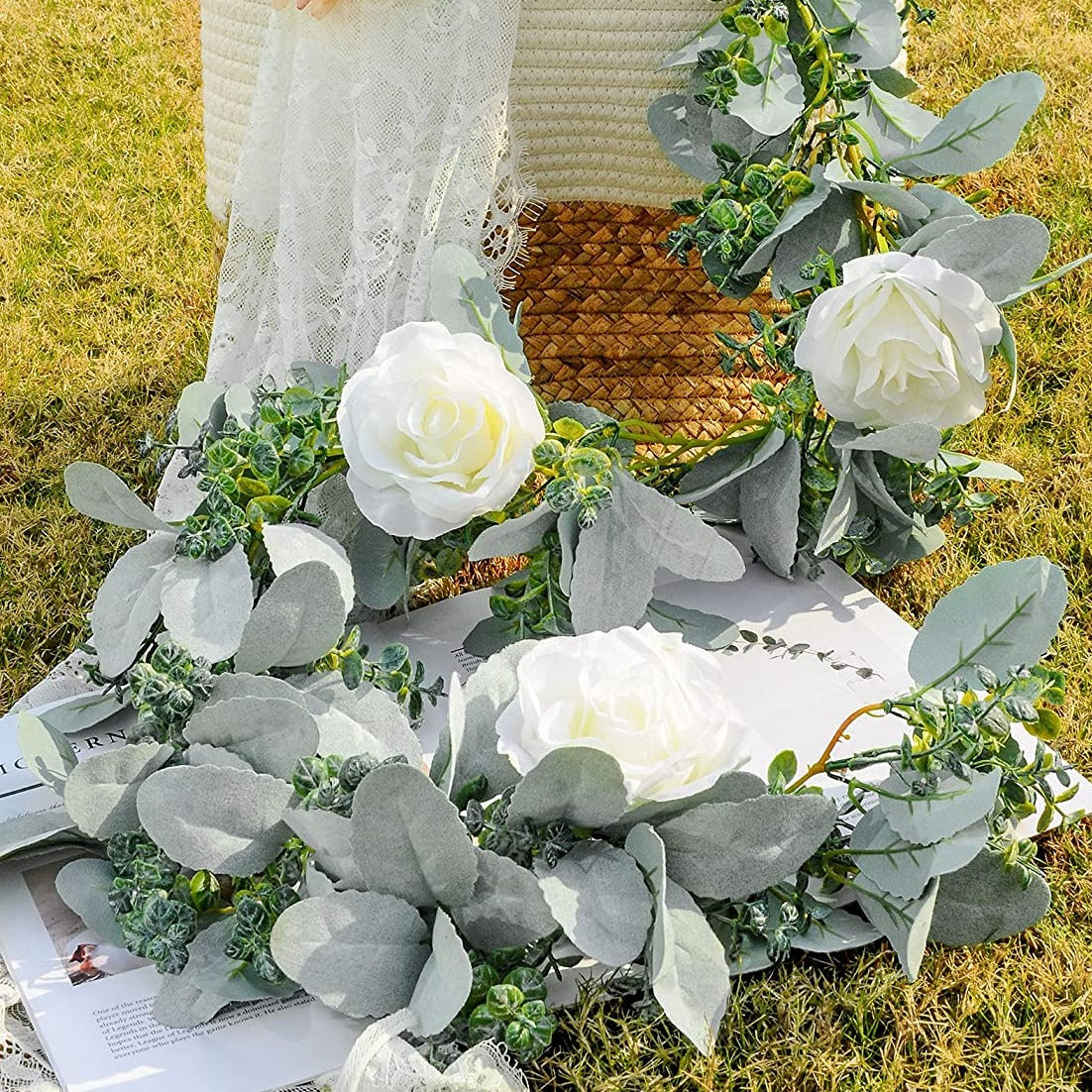 6 Ft Eucalyptus Garland with Flowers, Lambs Ear Greenery White Roses Flower Garland Fake Vines for Wedding Boho Table Mantle Backdrop Party Farmhouse Home Decor