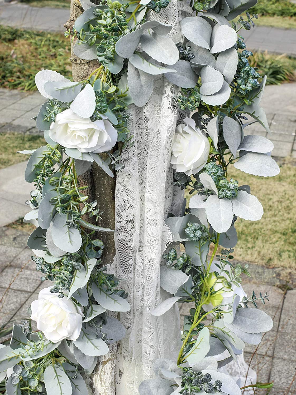 6 Ft Eucalyptus Garland with Flowers, Lambs Ear Greenery White Roses Flower Garland Fake Vines for Wedding Boho Table Mantle Backdrop Party Farmhouse Home Decor